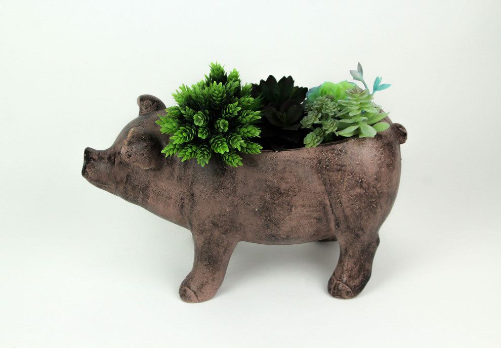17 Inch Long Rustic Brown Finish Smiling Pig Planter