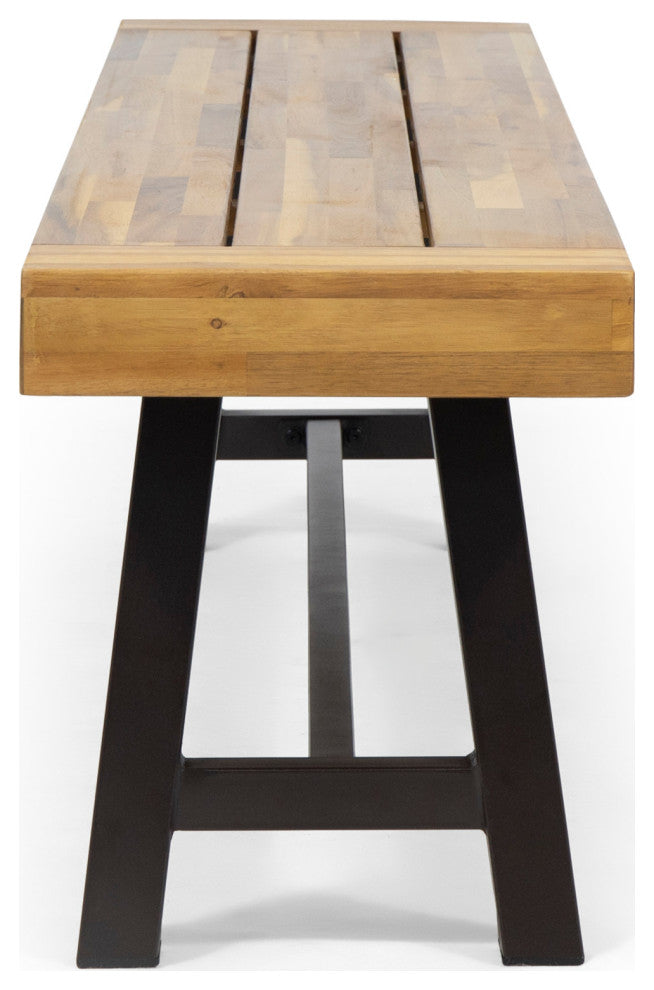Marian Outdoor Acacia Wood Bench, Teak Finish, Rustic Metal
