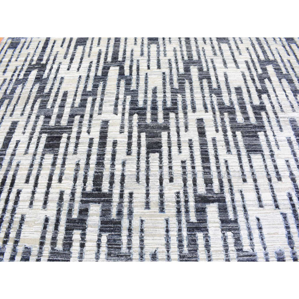Black and White Zig Zag Design Pure Silk and Textured Wool Rug, 9'0" x 12'0"