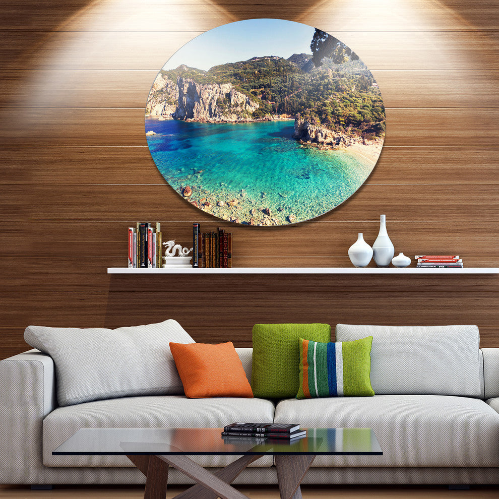 Rocky Beach With Turquoise Water, Beach Disc Metal Artwork, 23"