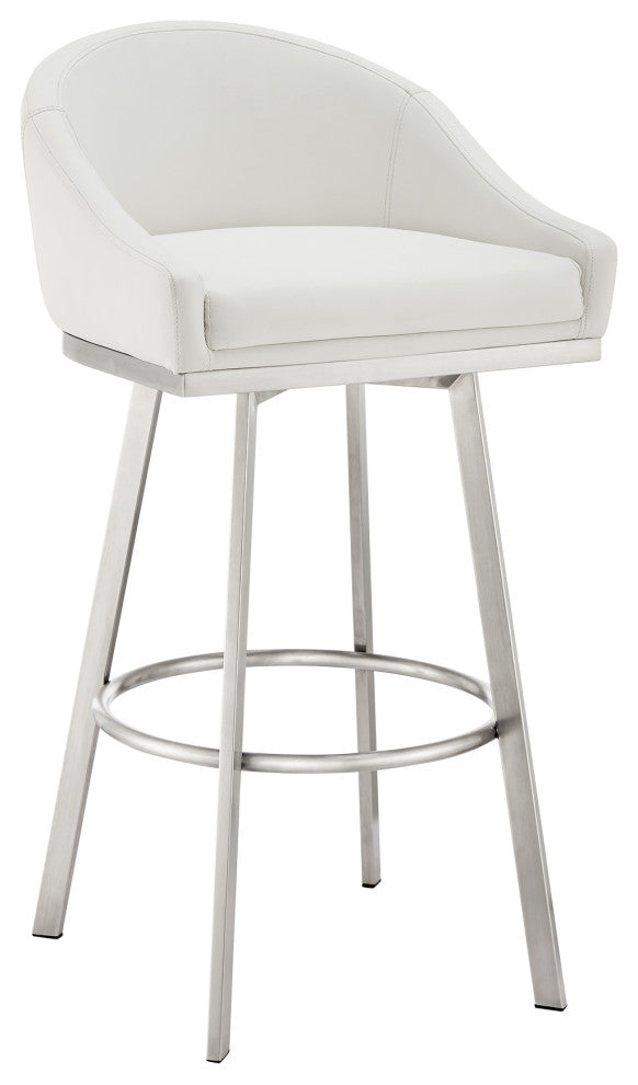 Noran Swivel Counter Stool, Brushed Stainless Steel With White Faux Leather