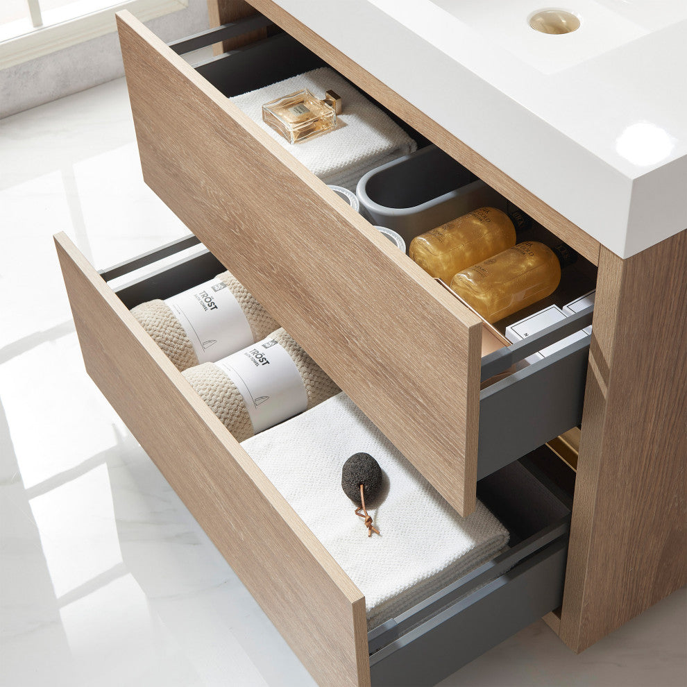 Huesca Bath Vanity, Integrated Sink Top, North American Oak, 36", With Mirror