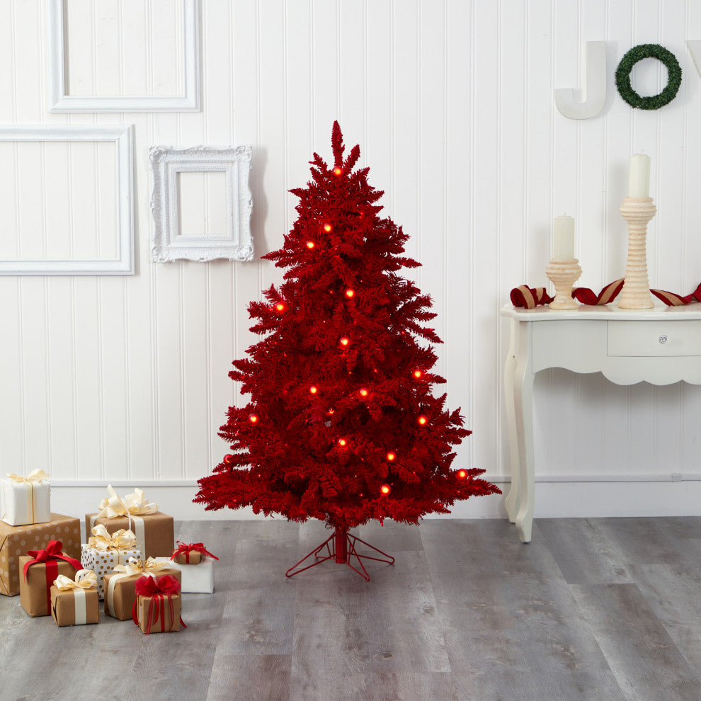 5' Red Flocked Fraser Fir Faux Xmas Tree W/Lights, Globes & Bendable Branches