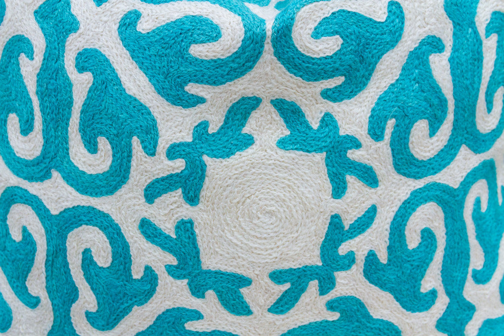 Turquoise & White Moroccan Wool Embroidered Throw Pillow Cover