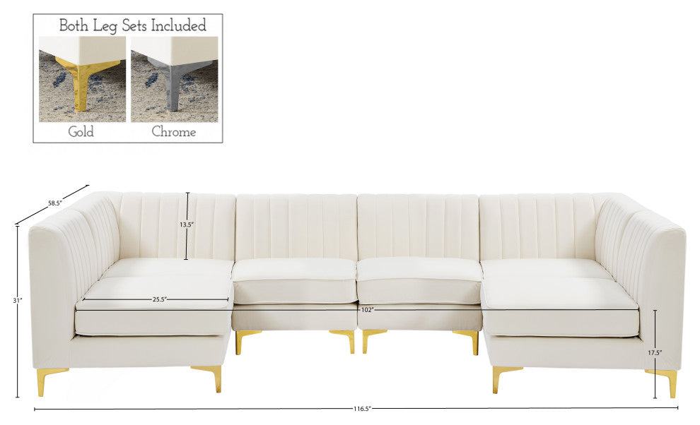 Alina Velvet Modular U-Shaped Sectional, Cream, 6-Piece: 4 Armless Chair, 2 Corner Chair