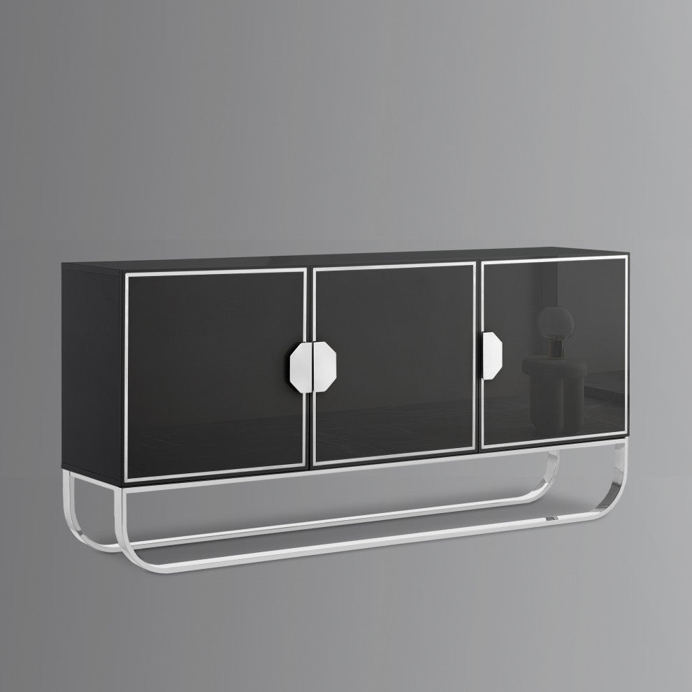 Nicole Miller Jacelynn Sideboard, Black/Chrome, 3-Door