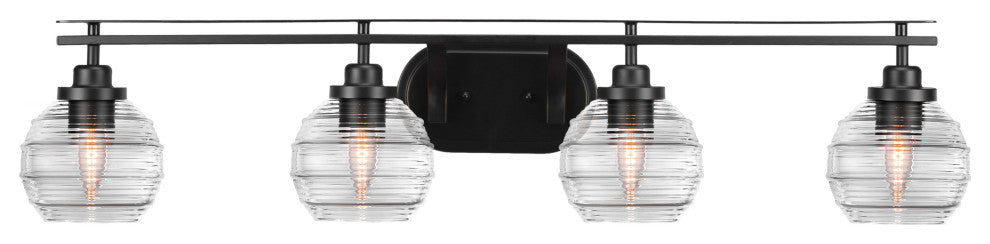 Odyssey 4 Light Bath Bar In Matte Black Finish With 6" Clear Ribbed Glass