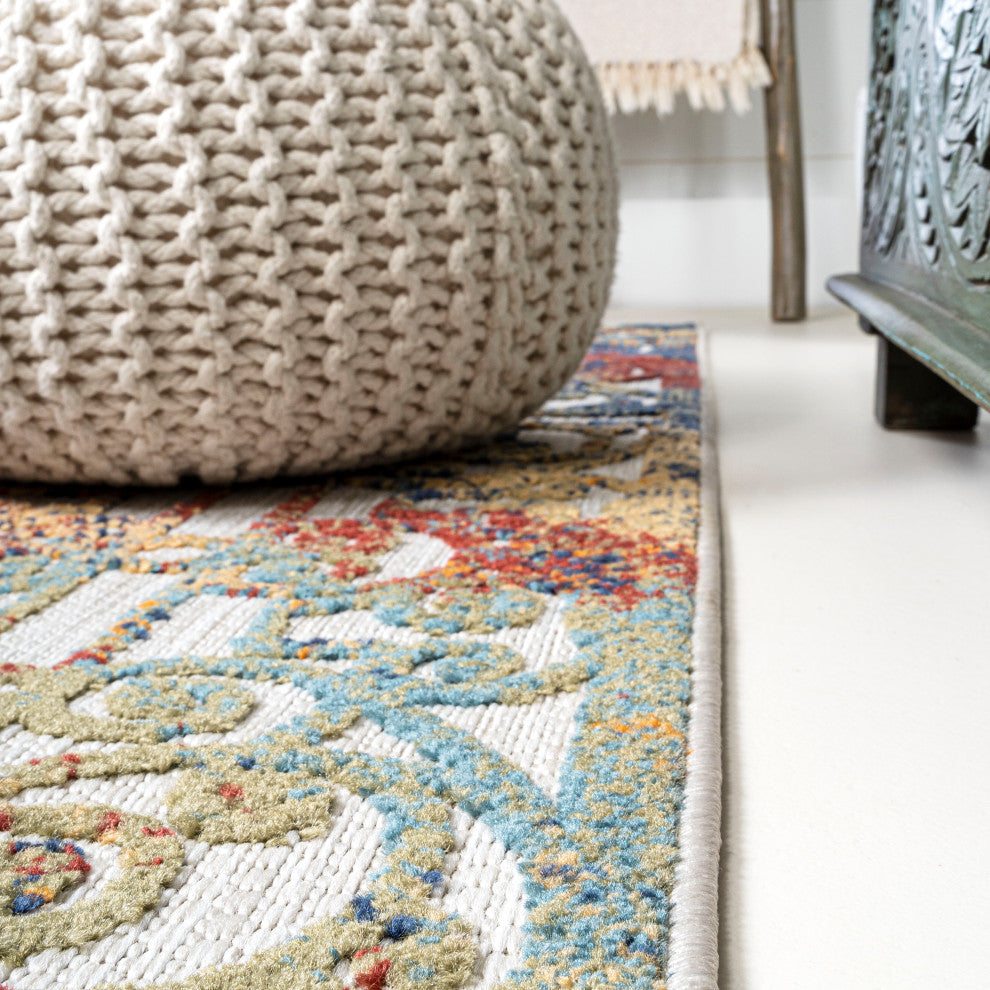 Cetara Ornate Trellis Indoor/Outdoor Area Rug, Cream/Blue/Orange, 2 X 8