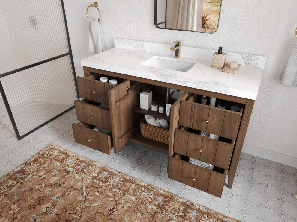 Atlanta Teak 60" Single Sink Bath Vanity, Dark Natural 2" Viola Night