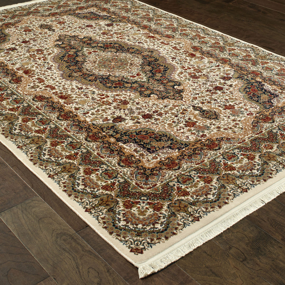 Mackenzie Traditional Border Medallion Ivory/ Multi Fringed Area Rug, 5'3"x7'6"