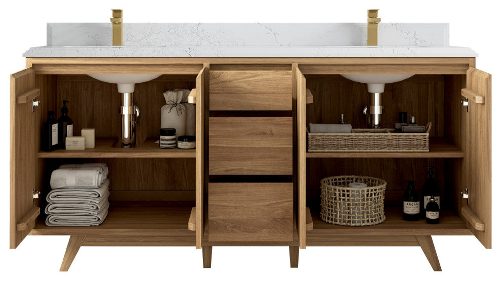 Madison Teak 72 Double Sink Bath Vanity in Light Natural 1.5" Empira Quartz