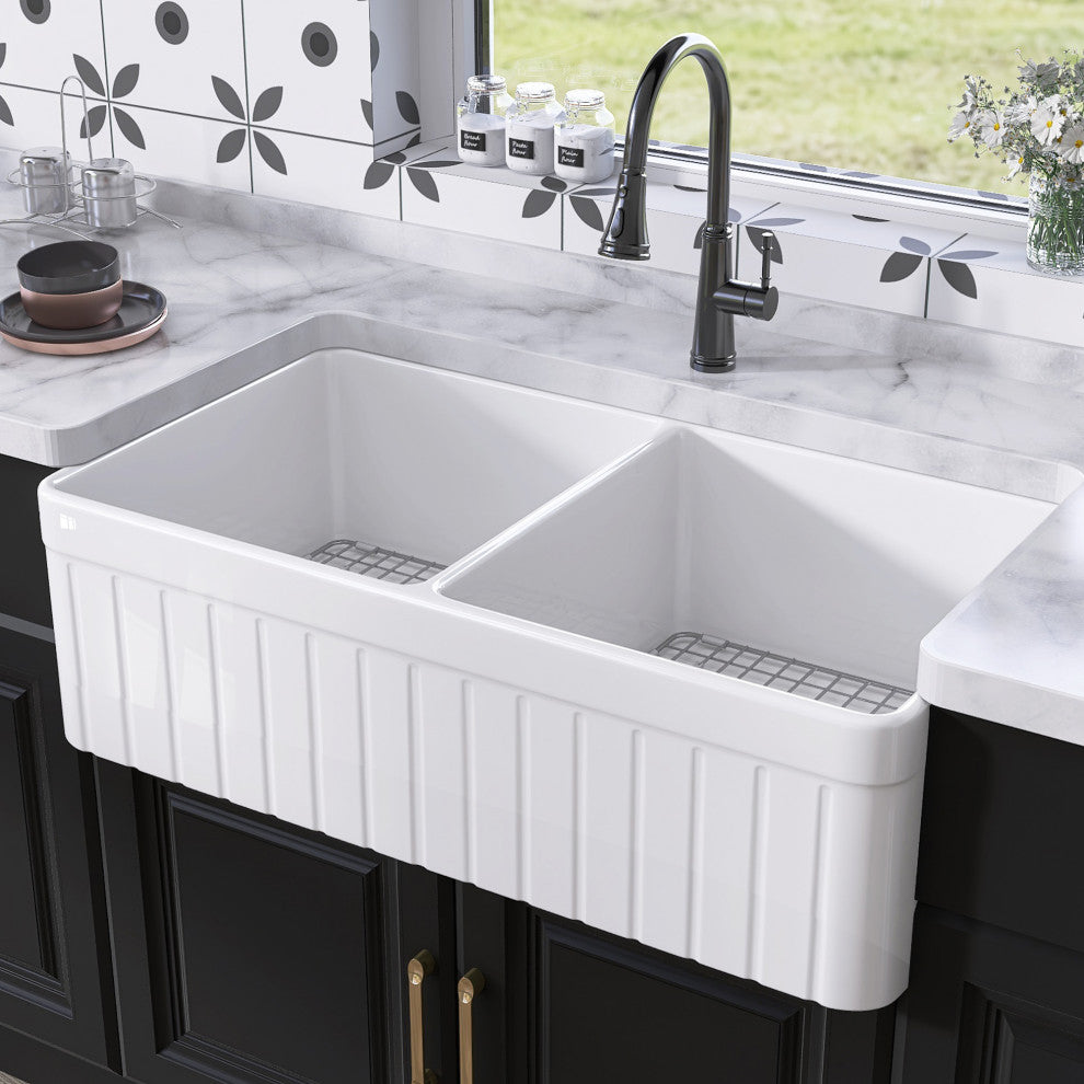 33"X18" Apron Front Double Bowl Fireclay Farmhouse Kitchen Sink with Accessories