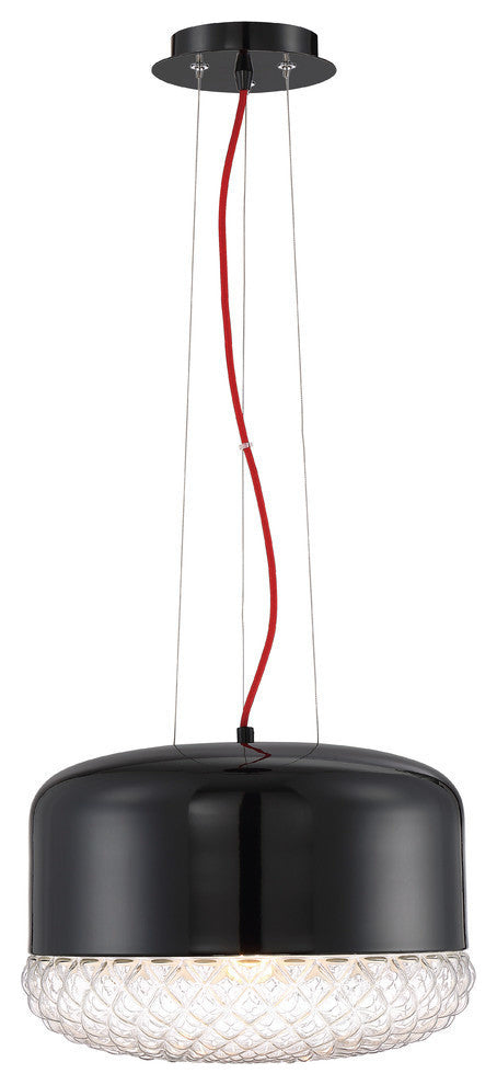 Corson Modern Light Pendant Polished Black Metal Shade With Casted Weave Glass