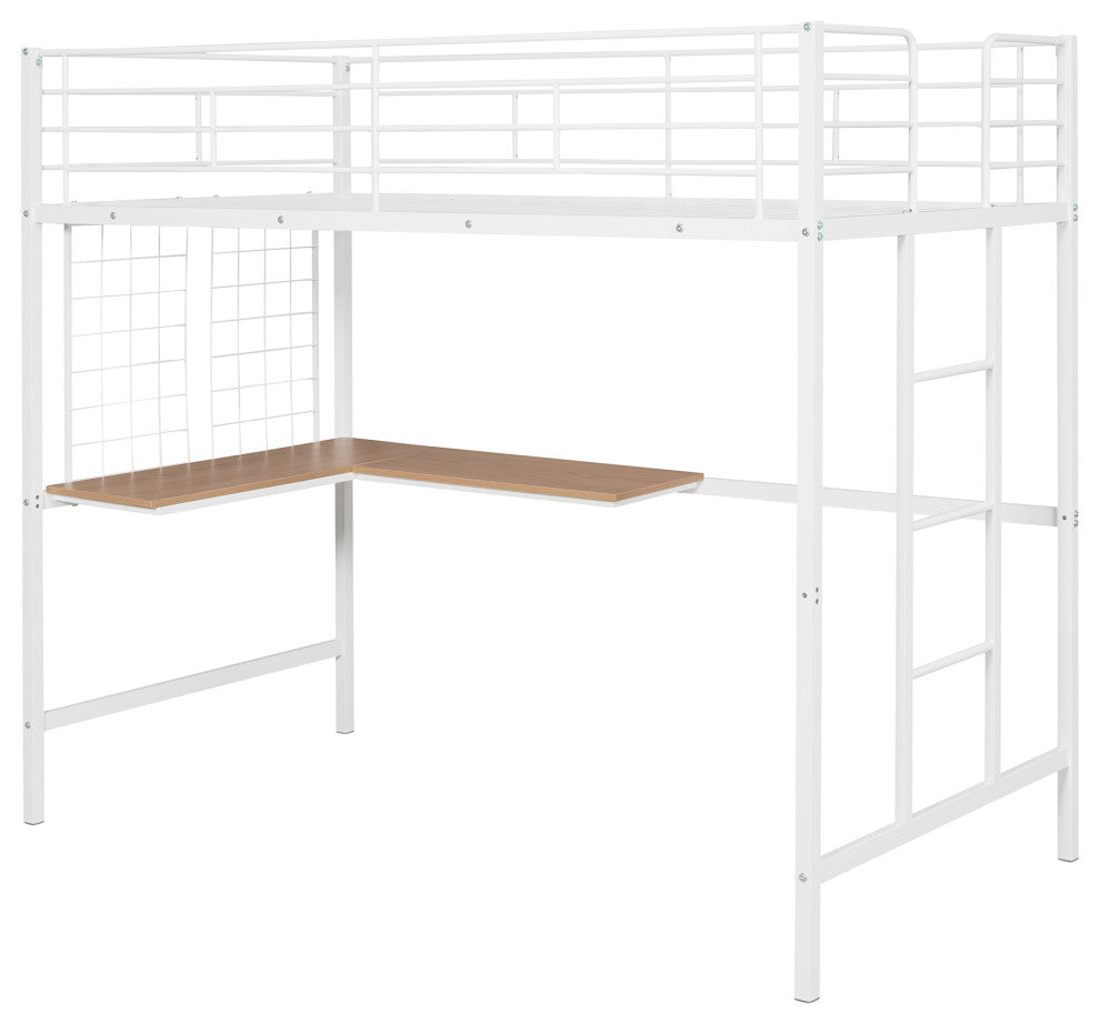 TATEUS Metal Loft Bed With Desk, Sturdy Metal Frame Guardrails Work and Play, White, Twin