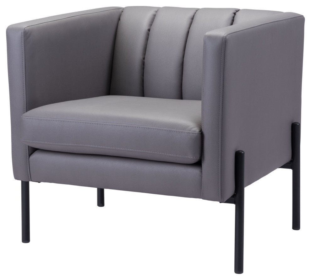 Accent Chair, Faux Vinyl Leather, Steel, Gray, Black, Mid Century Lounge