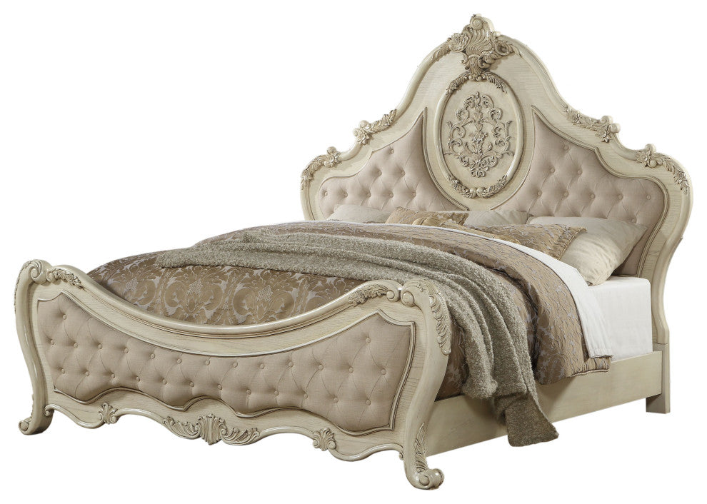 ACME Ragenardus Bed, Beige Linen and Antique White, California King
