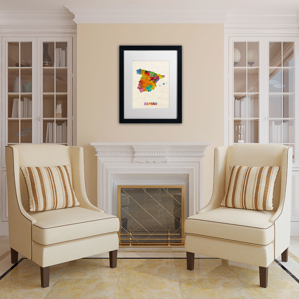 'Spain Watercolor Map' Matted Framed Canvas Art by Michael Tompsett