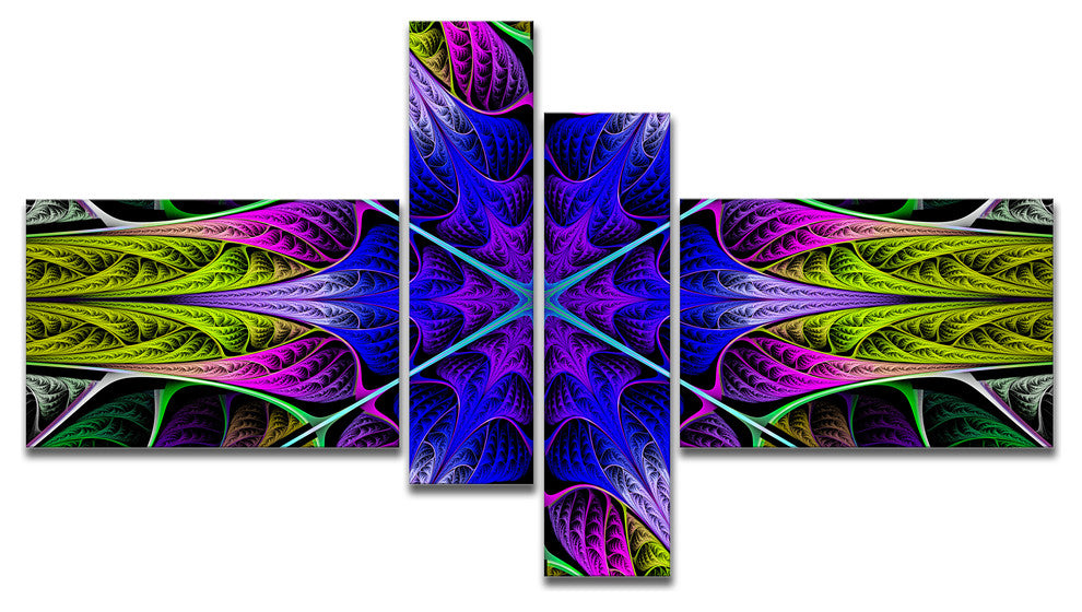 Star Shaped Blue Stained Glass, Abstract Canvas Art Print, 60"x32", 4 panels