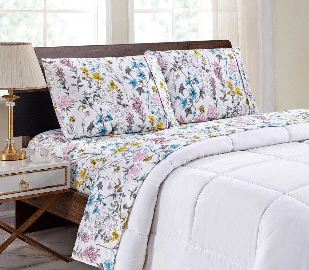 Bibb Home 4 Piece Printed Microfiber Sheet Set, Elegant Floral, Full