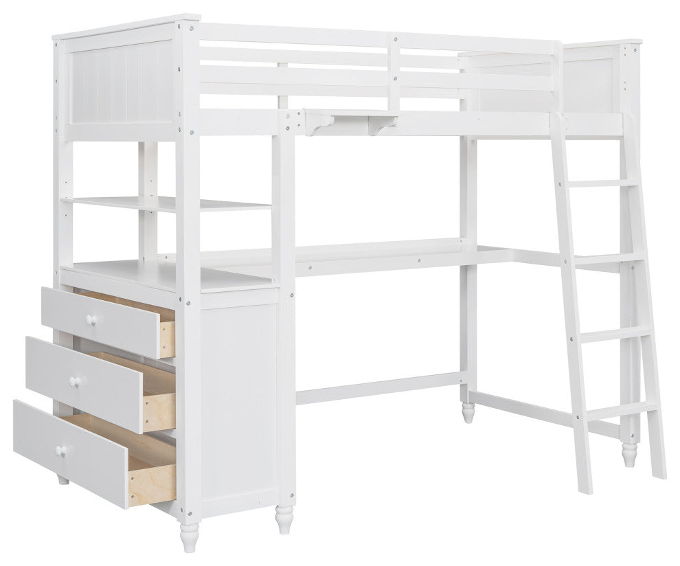 Gewnee Twin size Loft Bed with Drawers and Desk, Wooden Loft Bed in White