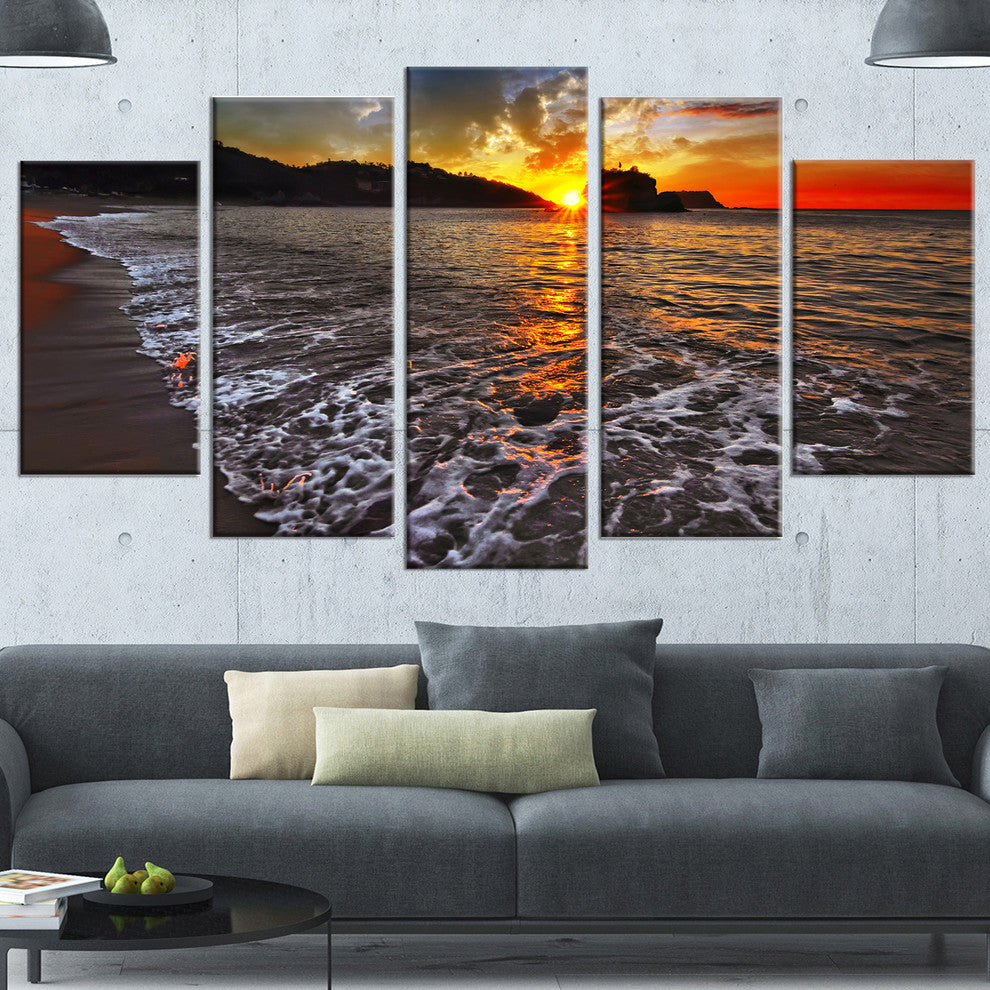 Setting Sun and White Waves, Seashore Photo Canvas Art Print, 60"x32", 5 Panels