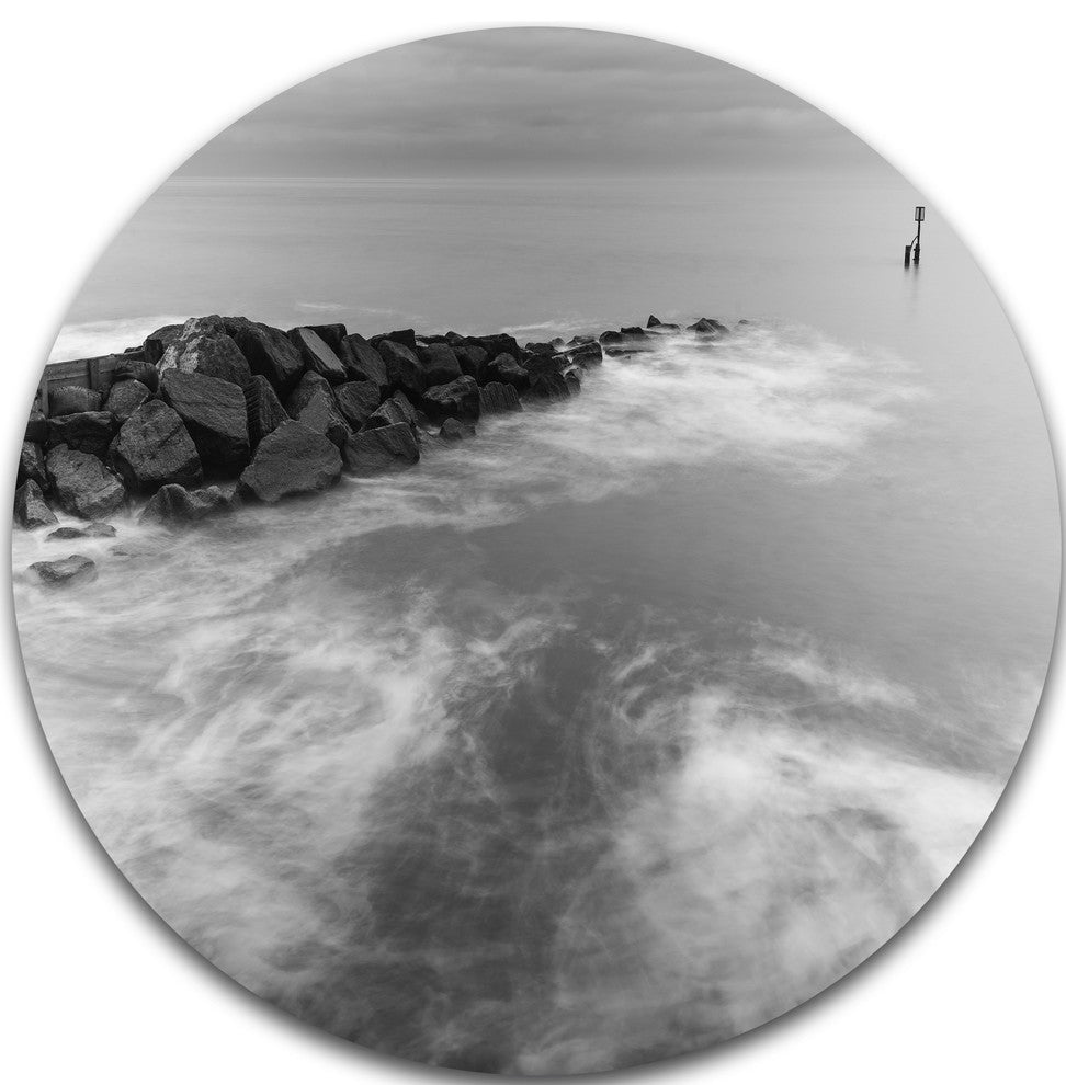 Milky Waves Splashing Over Rocks, Seascape Disc Metal Artwork, 11"