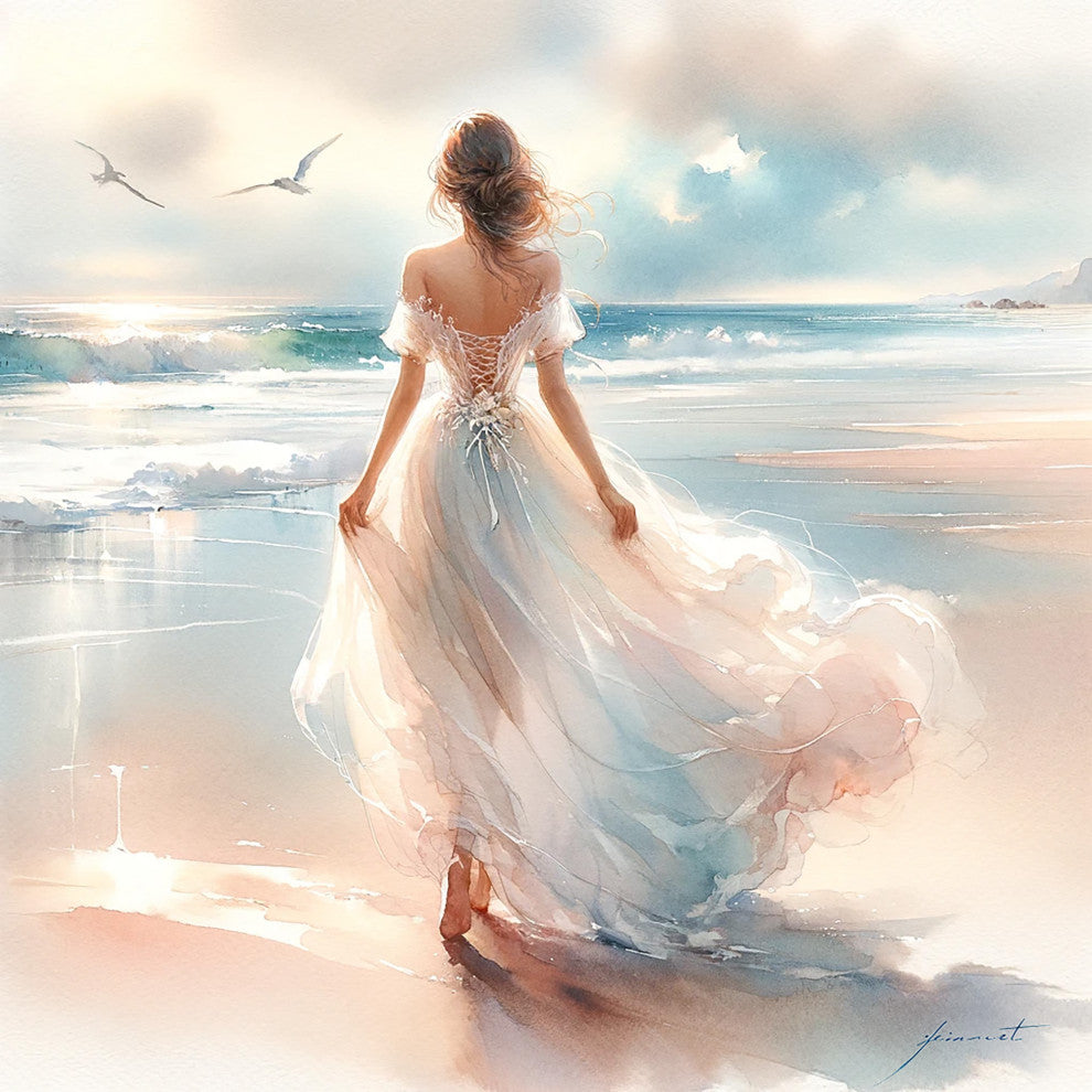 Serenity Shores - Elegant Beachscape with Figure on Wrapped Canvas