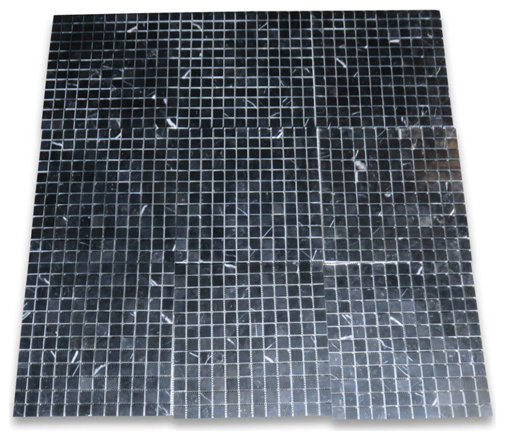 Nero Marquina Black Marble 1x1 Grid Square Mosaic Tile Polished, 1 sheet