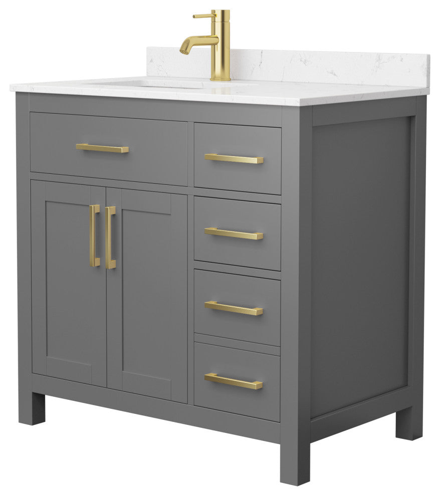 36"SGL Vanity Dark Gray, Carrara Cult. Marble Countertop, Sink, Gold Trim