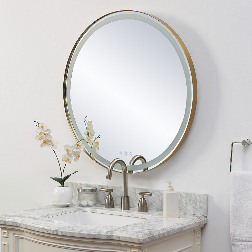 Crofton Lighted Brass Round Mirror