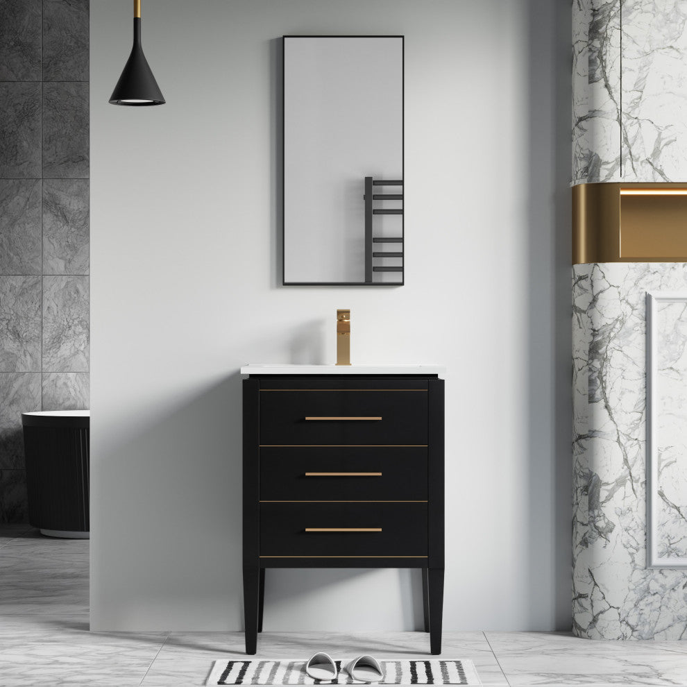Celios Bathroom Vanity, Black with Brass Trim, 24", Single Sink, Freestanding
