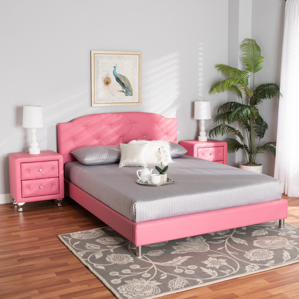 Canterbury Glam Pink Faux Leather Upholstered Queen Size 3-Piece Bedroom Set