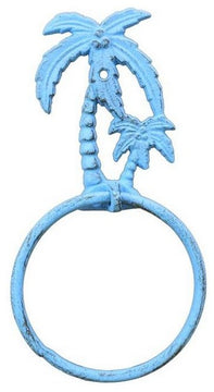 Rustic Light Blue Cast Iron Palm Tree Towel Holder 9'', Beach Bathroom Decor