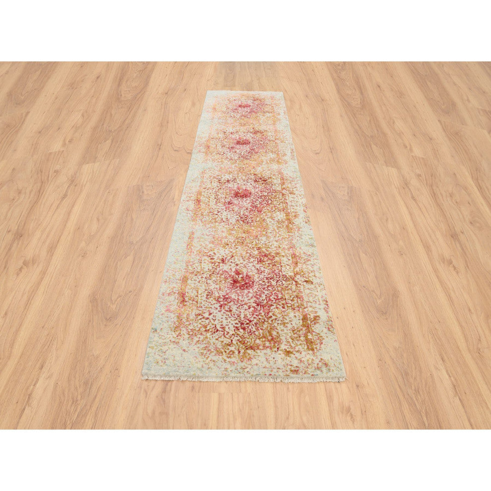 Pink Persian Wool and Pure Silk Hand Knotted Oriental Runner Rug 2'6" x 11'10"
