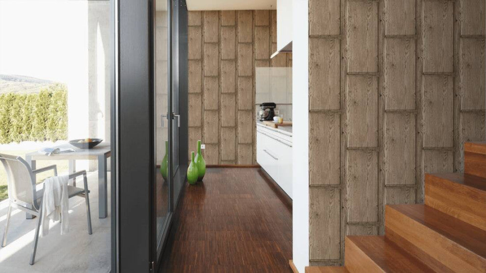 Loft Textured Wallpaper Featuring Rustic Wood, Gray Brown Beige, One Roll