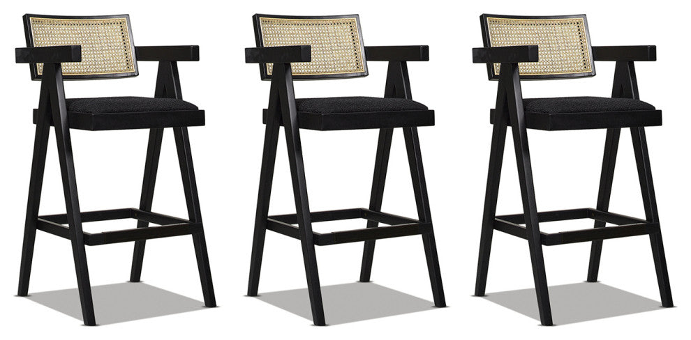 Milan 29.5" Mid-Century Modern Resin Webbing Set of 3 Bar Stool, Ebony Black