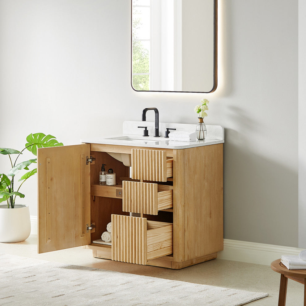 Clayton Bathroom Vanity, Washed Light Brown, 36", No Mirror