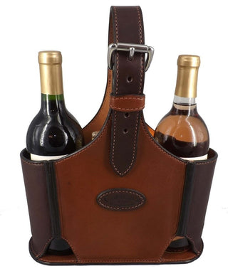 Fine Leather 2 Bottle Wine Carrier, Two Tone Brown
