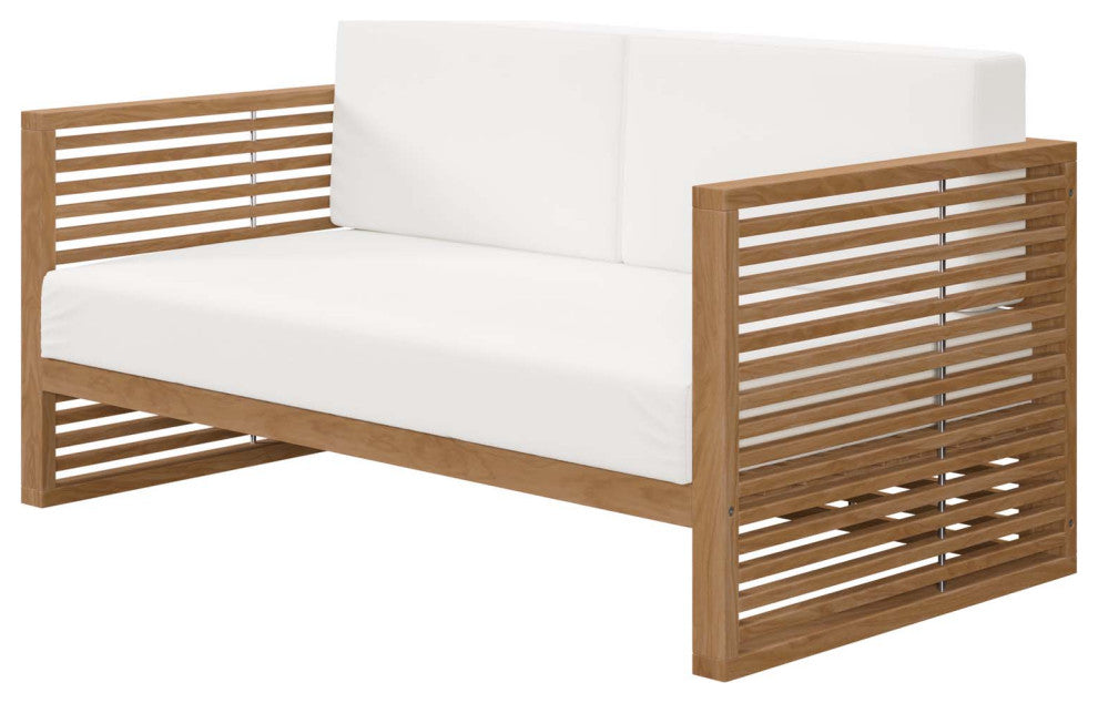 Lounge Loveseat Sofa, White Natural, Teak Wood, Modern, Outdoor Hospitality