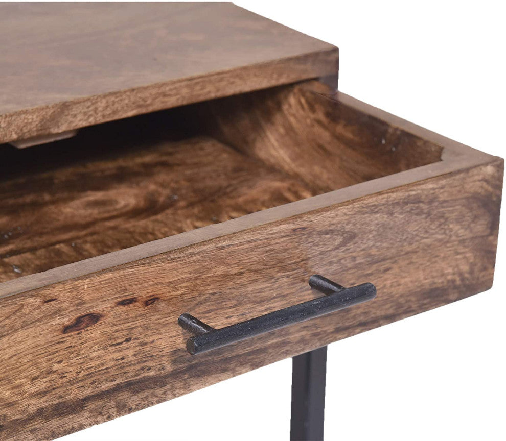 Benzara UPT-186118 Mango Wood Side Table with Drawer & Iron Base, Brown & Black