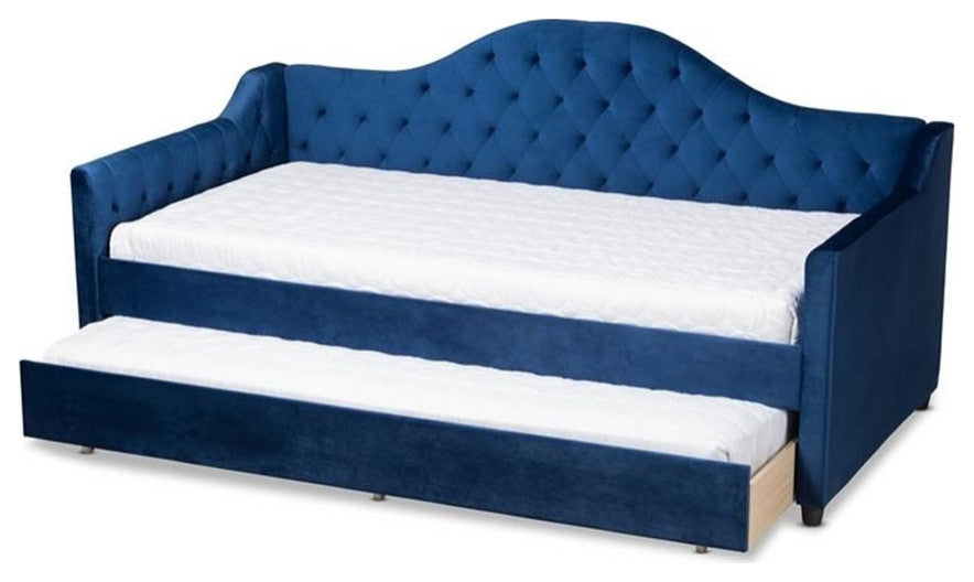Perry Royal Blue Velvet and Button Tufted Twin Size Daybed With Trundle