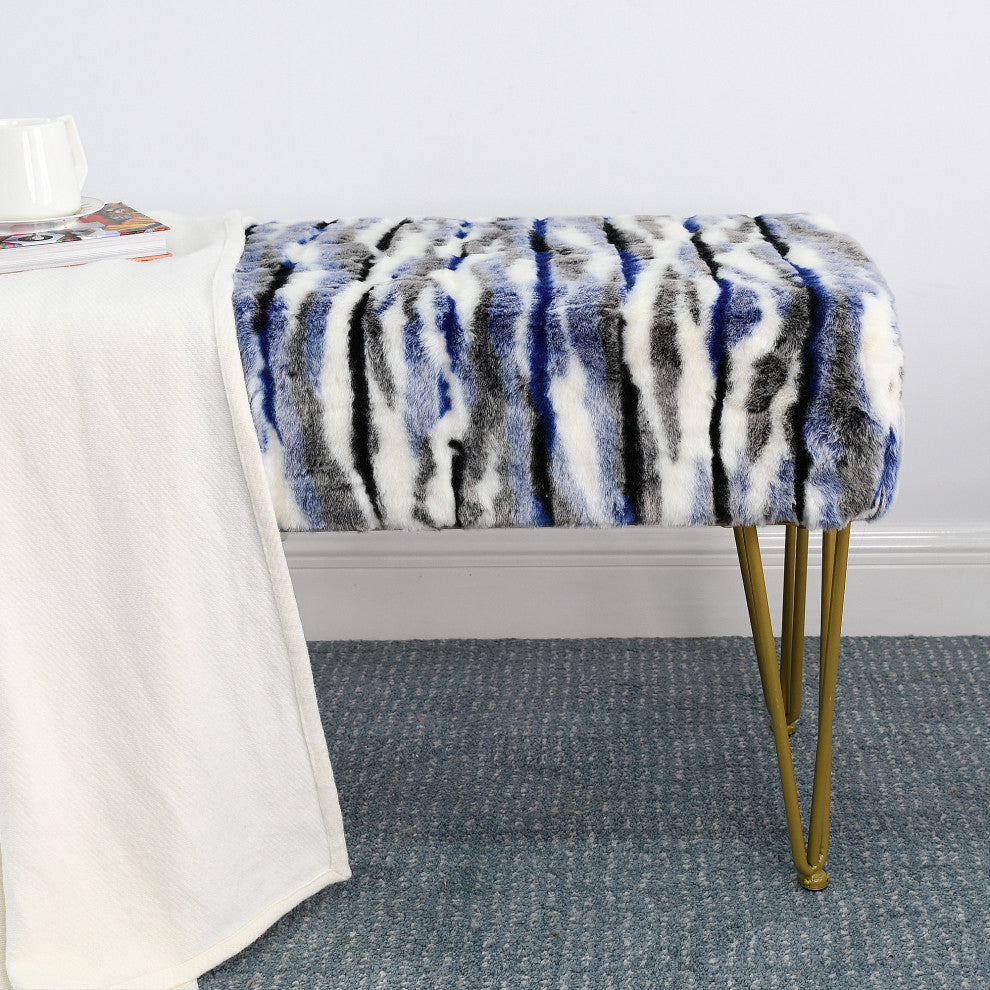 Multi Jacquard Faux Fur Ottoman, Blue, 46"x16"x7"