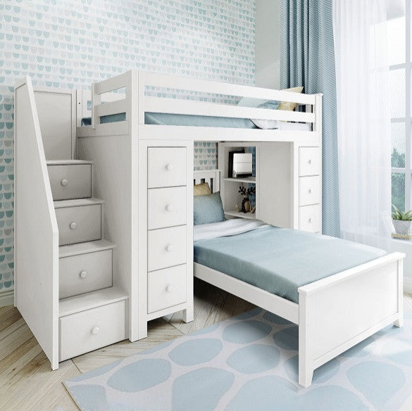 Chelsea Twin Twin L Shaped Storage Loft Bed with Stairs, White