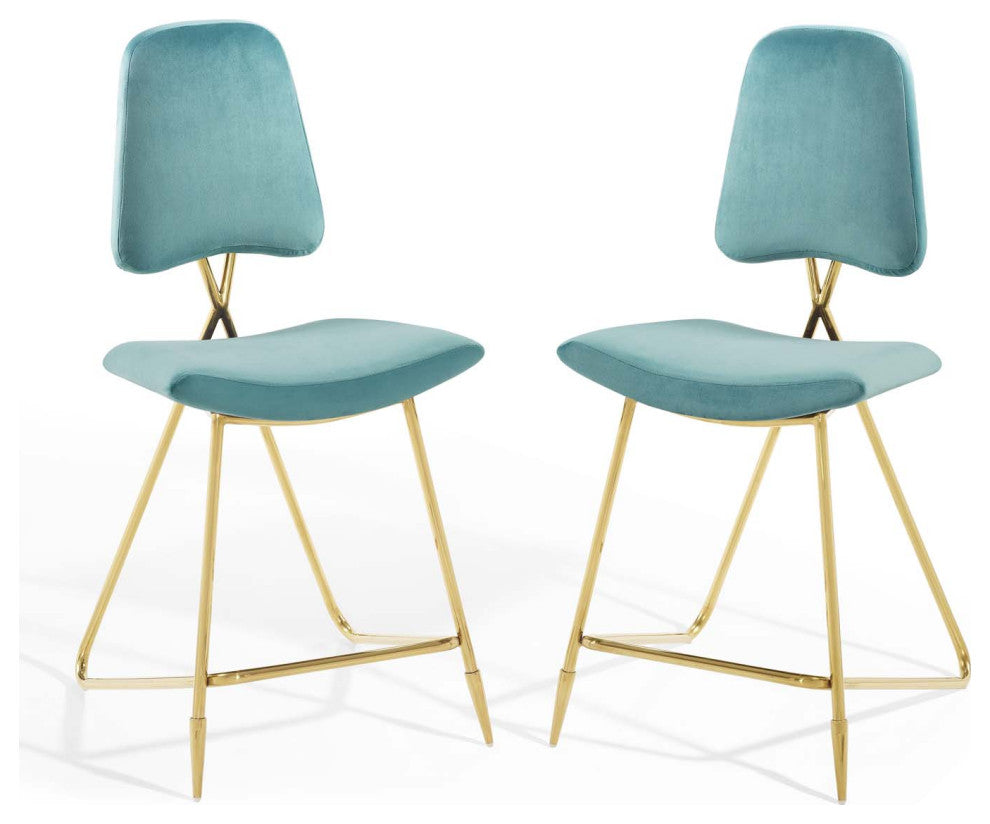 Counter Stool Chair, Set of 2, Velvet, Metal, Blue, Modern, Bar Pub Cafe Bistro