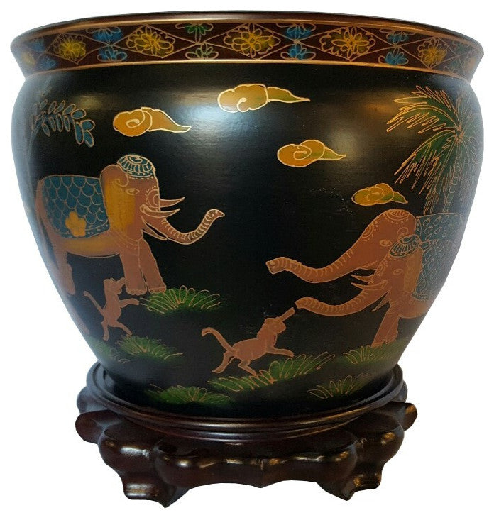 Chinese Black Lacquer Planter Indian Elephant Design 14" W