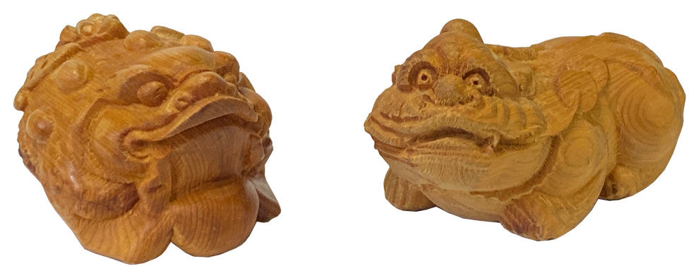 Chinese Pair Wood Carved Mini Mythical Pixiu FengShui Figures Hws2367
