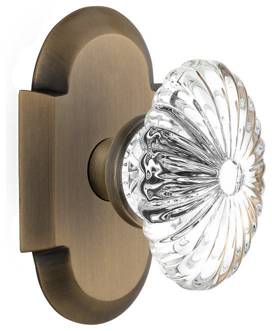 Cottage Plate Passage Oval Fluted Crystal Glass Knob, Antique Brass