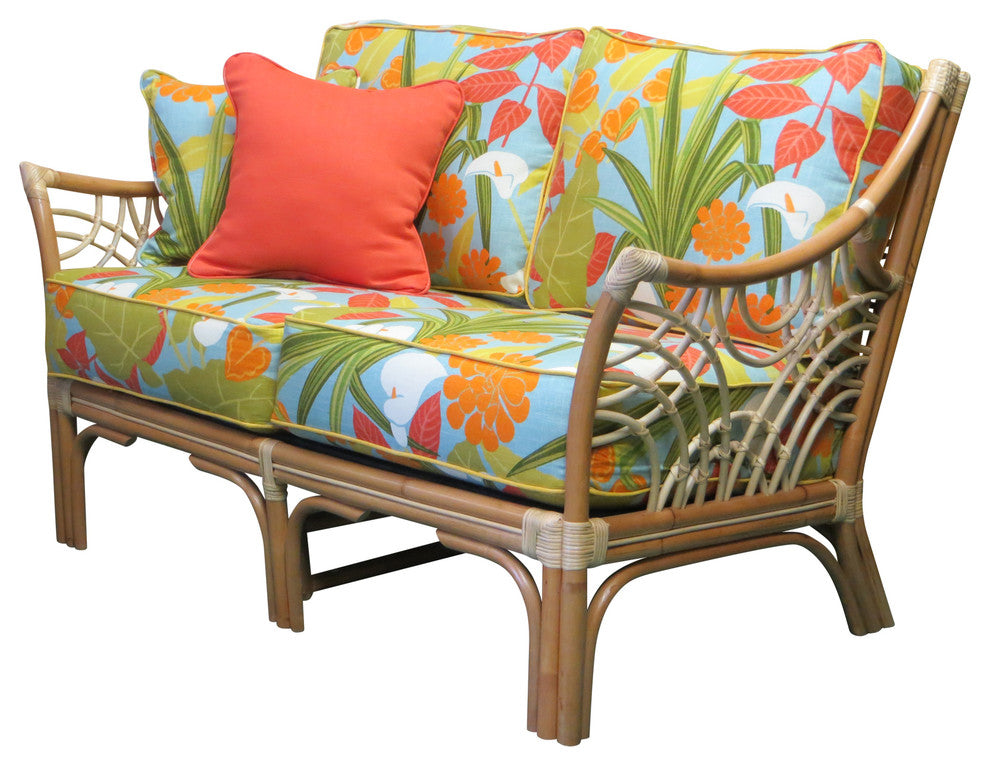 Bali Love Seat in Natural, Botanical-Fern Fabric
