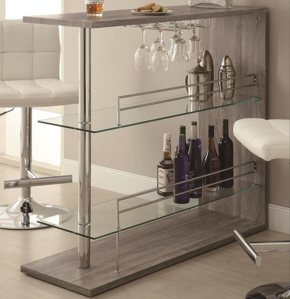 Bar Table With 2 Glass Shelves, Weathered Gray