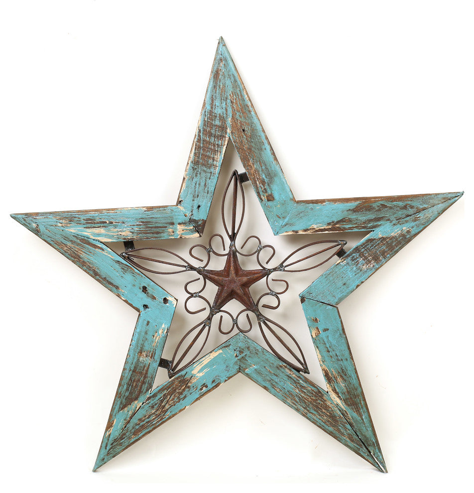 Wood and Iron Wall Texas Star-Wall Decor, Turquoise